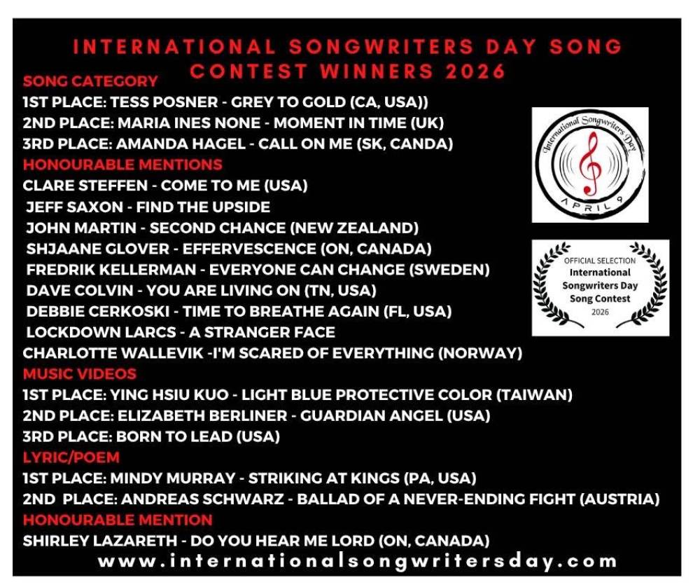 Amanda's Song "Call on Me" Receives an Award in the International Songwriters Day "Songs of Inspiration" Contest!